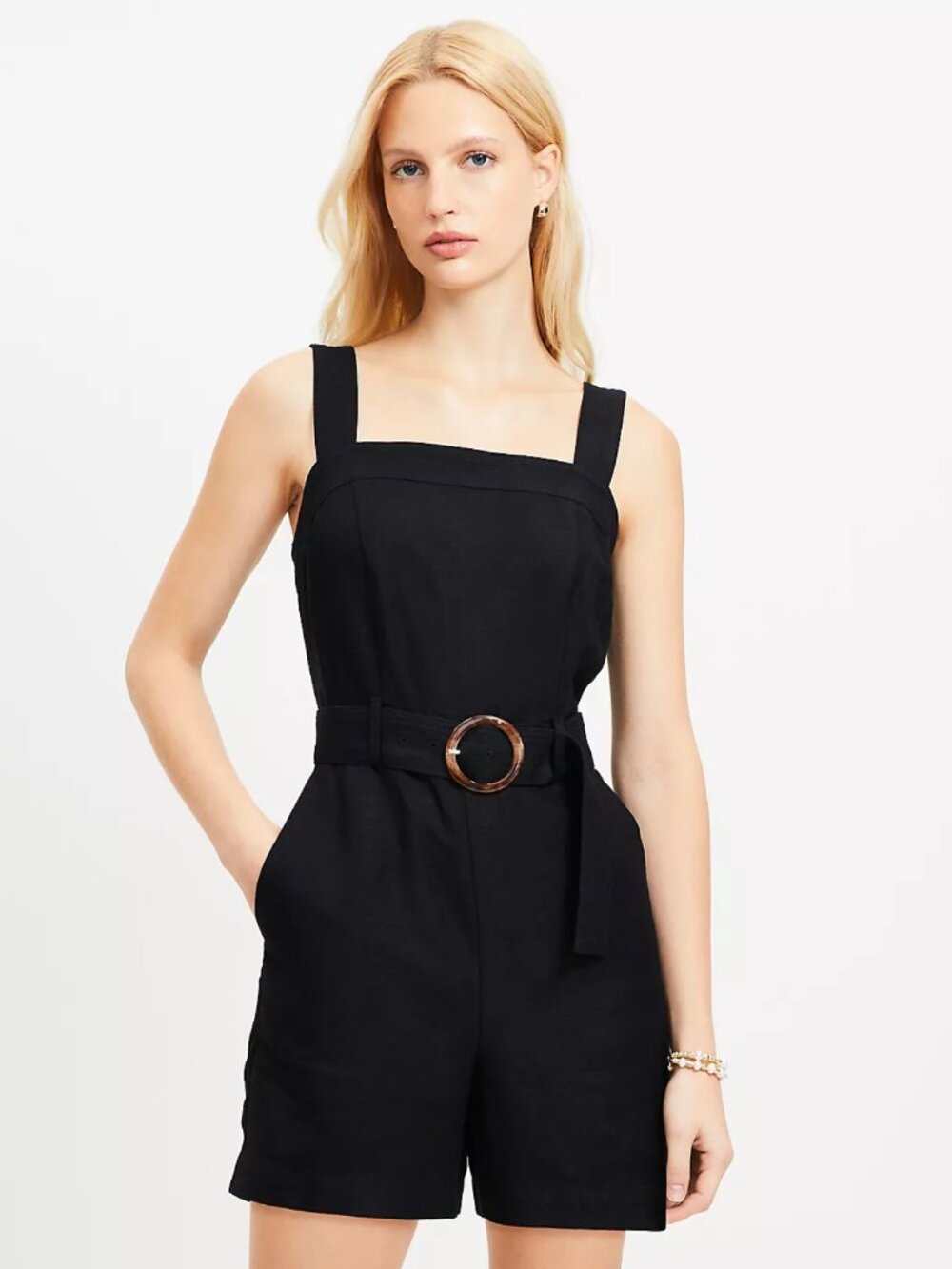 LOFT Belted Linen Blend Strappy Romper in Black Size 12
